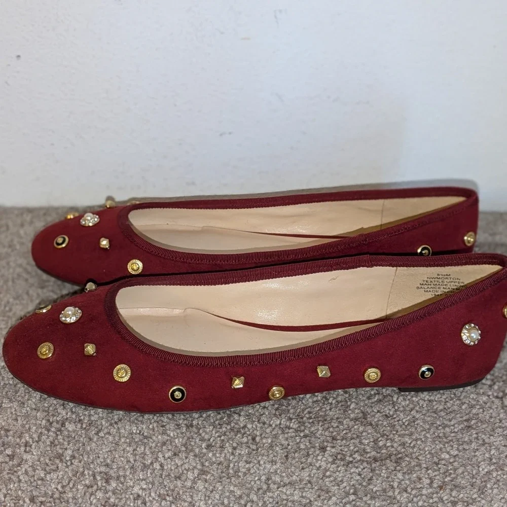 Nine West Morton Burgundy Studded Pearl Embellished Ballet Flats Womens 8.5M NEW
